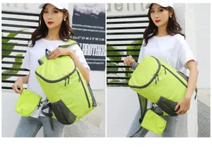 Detail of green lightweight foldable backpack and matching mini storage pouch for travel