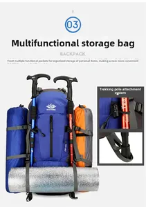 Detail of 45+5L hiking backpack featuring trekking pole attachment system and gear storage
