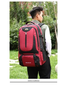 Outdoor 85L large capacity red and black hiking backpack with durable nylon fabric