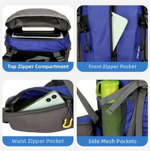 Detail view of 45+5L outdoor backpack with multiple storage compartments and side mesh pockets