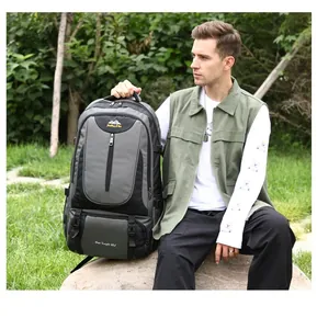 Detail of 85L large capacity outdoor hiking backpack with durable grey and black waterproof fabric