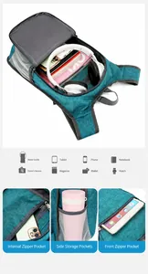 Detailansicht der Fächer des faltbaren Wanderrucksacks für Tablet und Reiseutensilien