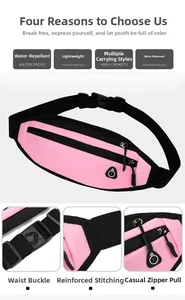 Detalle de la tela impermeable, hebilla y cremallera del bolso de cintura deportivo rosa