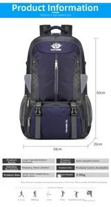 Detailed size chart for 60L waterproof outdoor hiking backpack with 34x60x20cm dimensions