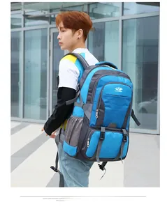 Blue and grey hiking backpack showing reinforced shoulder straps and side mesh pocket