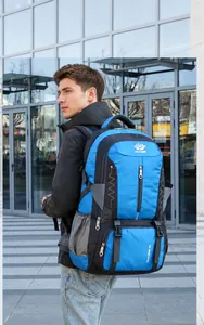 Close-up of 60L waterproof hiking backpack with ergonomic straps and side mesh pockets