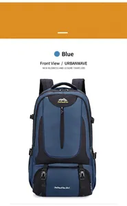Front detail of 85L large capacity blue hiking backpack with reinforced straps and logo