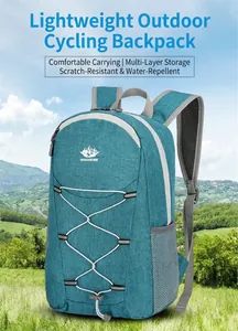 Detailed view of teal hiking backpack with elastic cord system and reflective safety strips
