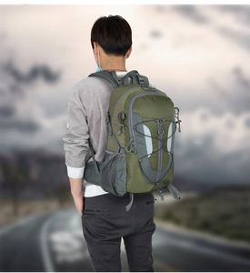 Outdoor hiking backpack in army green honeycomb fabric with ergonomic padded straps