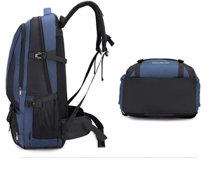 Detail of blue outdoor backpack showing ergonomic S-shaped straps and padded back support