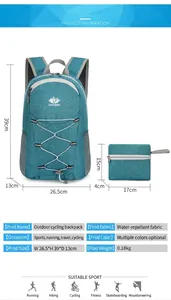 Detailed size chart for blue foldable backpack with dimensions 26.5x39x13cm and small pouch