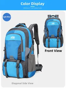 Detail view of light blue outdoor hiking backpack with multi-layer zipper compartments