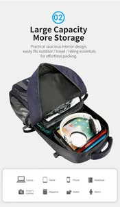 Interior layout of large outdoor backpack with compartments for laptop and gear
