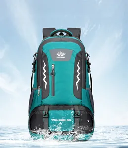 Waterproof 60L outdoor hiking backpack in blue nylon with professional splash-proof details