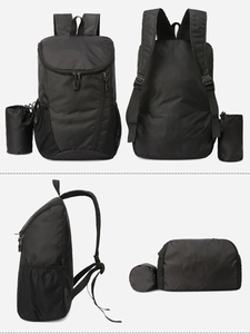 Collage of black lightweight folding backpack showing multi-angle views and storage pouch