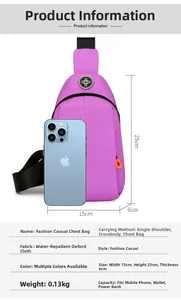 Detailed size specifications for purple waterproof Oxford chest bag with mobile phone comparison