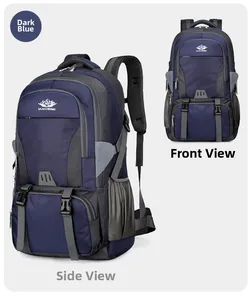 Macro detail of dark blue hiking backpack with reinforced straps and side mesh pockets