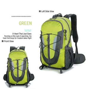 Front and side view of water-resistant green outdoor hiking backpack with bungee cords