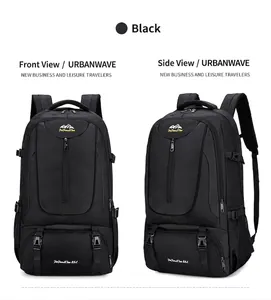 Detail of 85L large capacity black outdoor backpack with waterproof nylon and side buckles