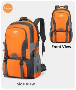 Orange and grey hiking backpack detail showing front and side views with mesh pockets