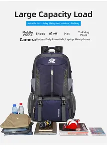 Detail showing 80L large capacity interior with travel gear for 3-5 days hiking trip