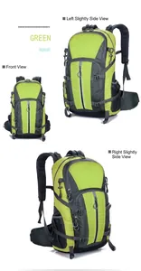 Drie-weergave display van de groene waterbestendige wandelrugzak met ergonomische banden