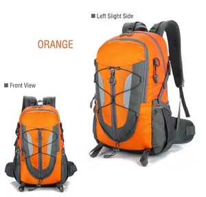 Close-up of orange hiking backpack featuring water-resistant fabric and side mesh pocket