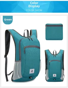Faltbarer leichter Outdoor-Rucksack in Blaugrün mit Front-, Seiten- und Faltansichten