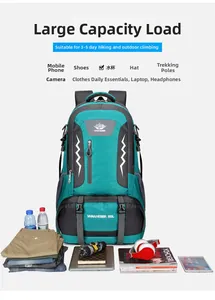 60L outdoor hiking backpack shown with extensive travel gear for storage capacity display