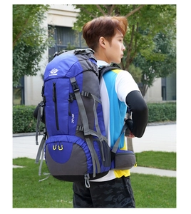 Detail of 45+5L outdoor hiking backpack with technical straps and blue grey color scheme