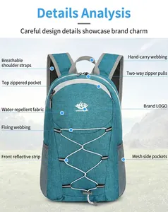 Detail view of water-resistant foldable outdoor backpack with reflective safety strips