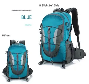 Detailed front and side views of water-resistant blue hiking backpack with ergonomic straps