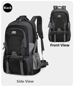 Close-up of black hiking backpack with side water bottle mesh and adjustable chest buckles