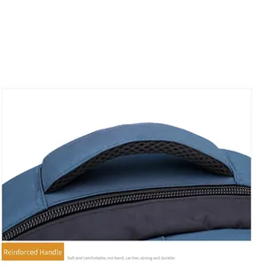 Detail of reinforced backpack handle with breathable mesh and strong stitching
