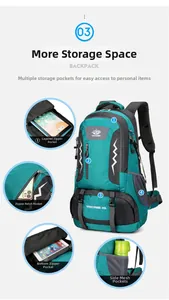 Detail view of the 60L lake blue hiking backpack showing multiple layered zipper pockets
