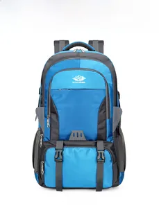 Front view of VANAHEIMR hiking backpack in blue and grey with adjustable chest straps