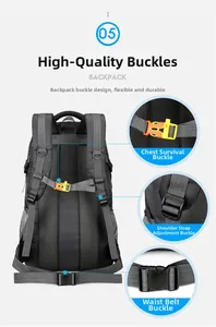 Detail of adjustable chest strap with orange survival whistle and mesh padding on backpack