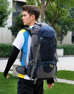 Detail view of large outdoor hiking backpack showing side compression straps and waist support