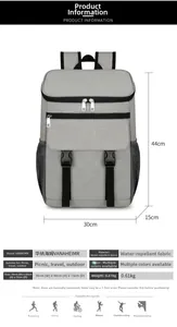 Detailed size chart for gray thermal backpack showing 30x44x15cm dimensions
