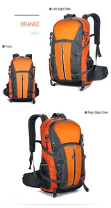Drie perspectieven van de oranje outdoor wandelrugzak met ripstop-stof en stevige riemen