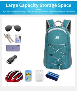 Blue folding backpack showing large capacity storage with phone and headphones