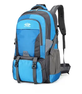 Detail of blue outdoor hiking backpack with side mesh pockets and buckle straps