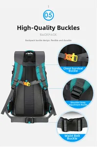 Detail view of high-quality buckles on this large capacity outdoor hiking backpack