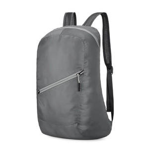 Lightweight grey packable travel backpack with breathable mesh straps and durable nylon fabric