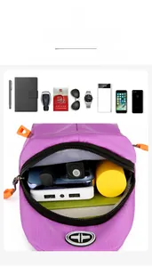 Detailed internal view of purple waterproof nylon chest bag showing large capacity storage