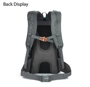 Detail of outdoor backpack featuring breathable mesh back panel and S-shaped padded straps