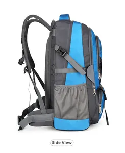 Side view detail of a large capacity waterproof outdoor backpack with ergonomic mesh straps