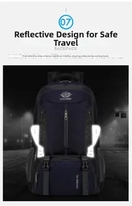 Detailed view of 60L outdoor backpack with safety reflective strips for night hiking