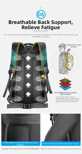 Ergonomic breathable 3D air flow back panel system on blue outdoor hiking backpack