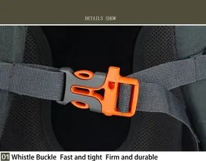 Macro detail of high-density nylon chest strap with integrated orange emergency whistle buckle